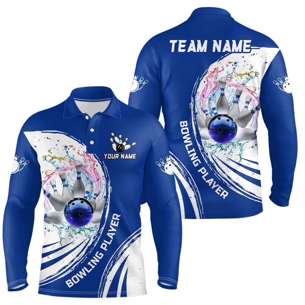 Men Bowling Polo Shirt Custom water bowling ball pins Bowling Team Jersey, gift for Bowlers | Blue NQS7194