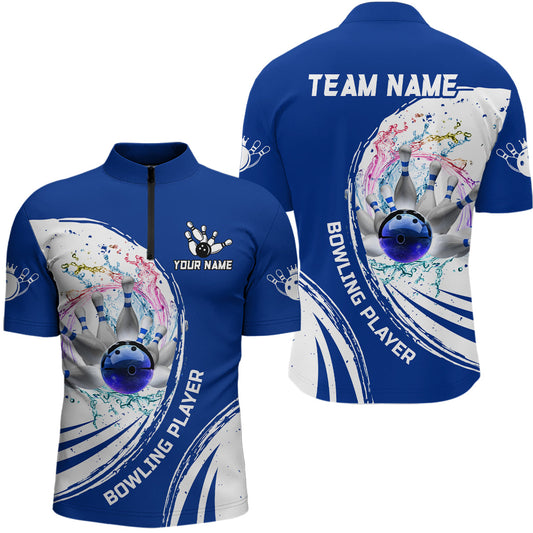 Men Bowling Quarter Zip Custom water bowling ball pins Bowling Team Jersey, gift for Bowlers | Blue NQS7194