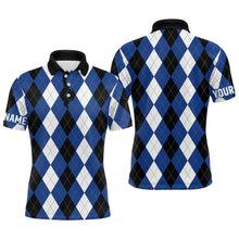 Load image into Gallery viewer, Mens golf polo shirts custom blue argyle plaid pattern golf attire for men, golfing gifts NQS6899