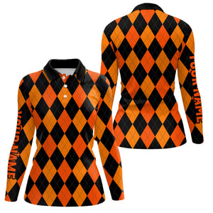 Womens golf polo shirts custom orange, black argyle plaid Halloween pattern golf attire for ladies NQS6247