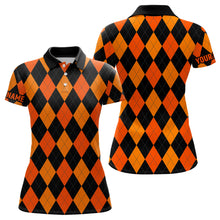 Load image into Gallery viewer, Womens golf polo shirts custom orange, black argyle plaid Halloween pattern golf attire for ladies NQS6247