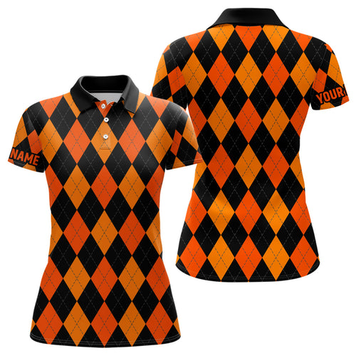 Womens golf polo shirts custom orange, black argyle plaid Halloween pattern golf attire for ladies NQS6247
