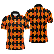 Load image into Gallery viewer, Mens golf polo shirts custom orange and black argyle plaid Halloween pattern golf attire for men NQS6247