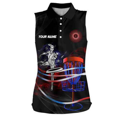 American flag black Womens sleeveless disc golf polo shirt custom disc golf outfit, disc golf gift NQS6754