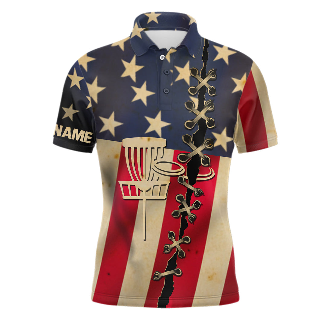 Vintage American flag Mens disc golf polo shirts custom patriotic frisbee golf shirt NQS6767