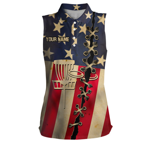 Vintage American flag Women sleeveless disc golf polo shirt custom patriotic frisbee golf shirt NQS6767