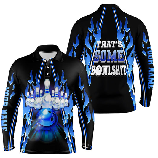 Mens bowling polo shirt Custom blue flame that's some bowlshit bowling ball pins team league jerseys NQS6284