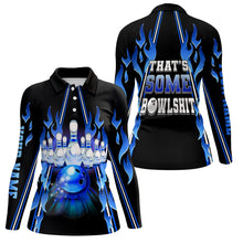 Load image into Gallery viewer, Women bowling polo shirt Custom blue flame that's some bowlshit bowling ball pins team league jerseys NQS6284