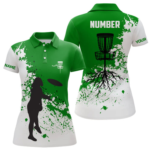 Green and white Womens disc golf polo shirt custom name and number disc golf jerseys, ladies golf tops NQS7112