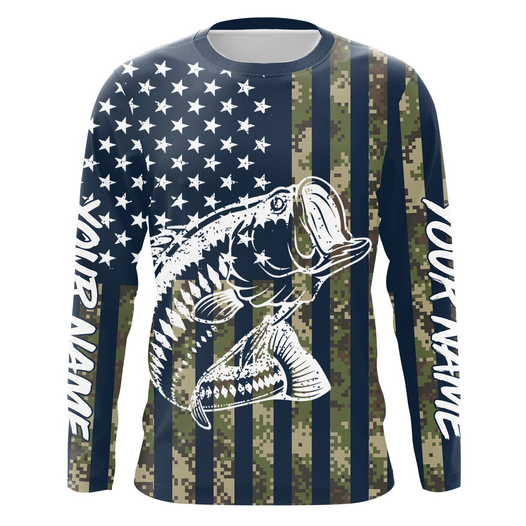 American Flag Camouflage Bass Fishing 3D All over Printed Shirt, Long Sleeve for Men, Women, Youth/Kids - Personalized Fishing gift FSD2802