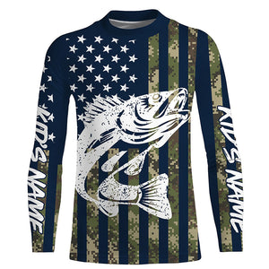 Walleye Fishing American Flag Camo custom performance fishing shirt for Men, Women, Youth/Kids FSD3552