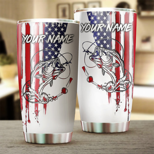 1pc American Flag Largemouth Bass fishing Custom Name stainless steel Fishing Tumbler Cup, Personalized gifts FSD3230