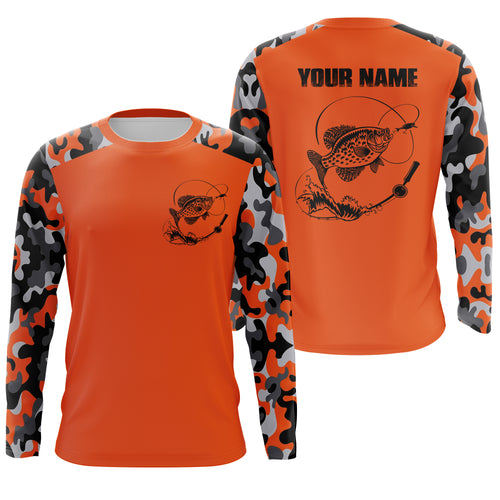 Custom Name Crappie Fishing Camouflage Orange Performance Fishing Shirt, Crappie Fishing Jerseys FSD2476