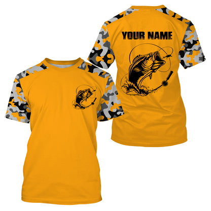 Custom Name Bass Fishing Camouflage Yellow Performance Fishing Shirt, Bass Fishing Jerseys FSD2869