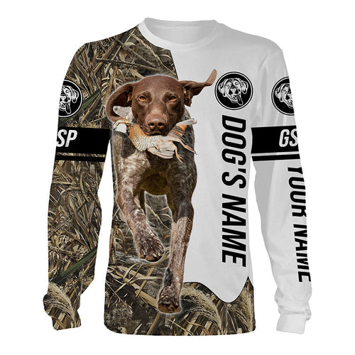 Quail Hunting with German Shorthaired Pointer GSP Custom Name Camo Full Printing Shirts, Hunting Gifts FSD3606