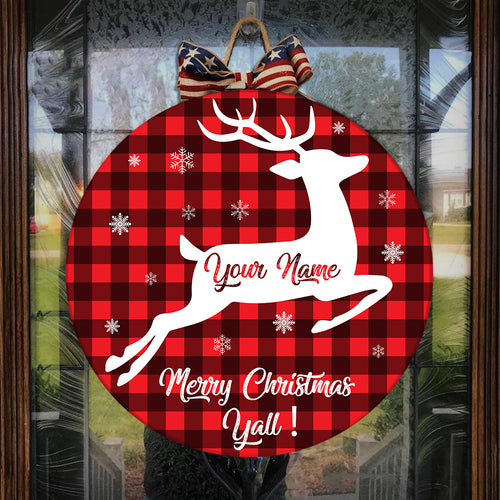 Merry Christmas Door Hanger Deer Running Customized Name Door Hanger, Wood Sign Christmas Home Decor FSD2495