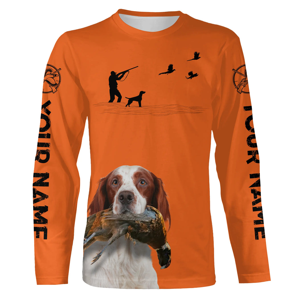 Irish Red & White Setter Dog Pheasant Hunting Custom name Orange Shirts for Upland hunters FSD3956