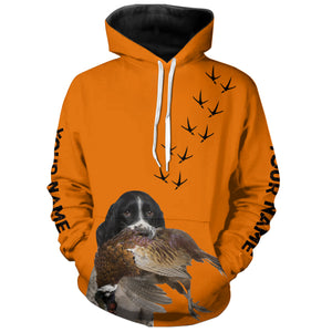 English Springer Spaniel Dog Pheasant Hunting Blaze Orange custom Name Hunting Hoodie, T-shirt FSD3969