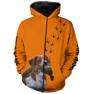 Brittany Dog Pheasant Hunting Blaze Orange custom Name Hunting Hoodie, T-shirt FSD3973