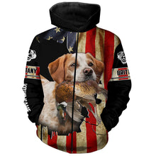 Load image into Gallery viewer, Brittany Bird dog Hunting Pheasant American flag Custom Name Shirts, gifts for hunting dog owners FSD3800