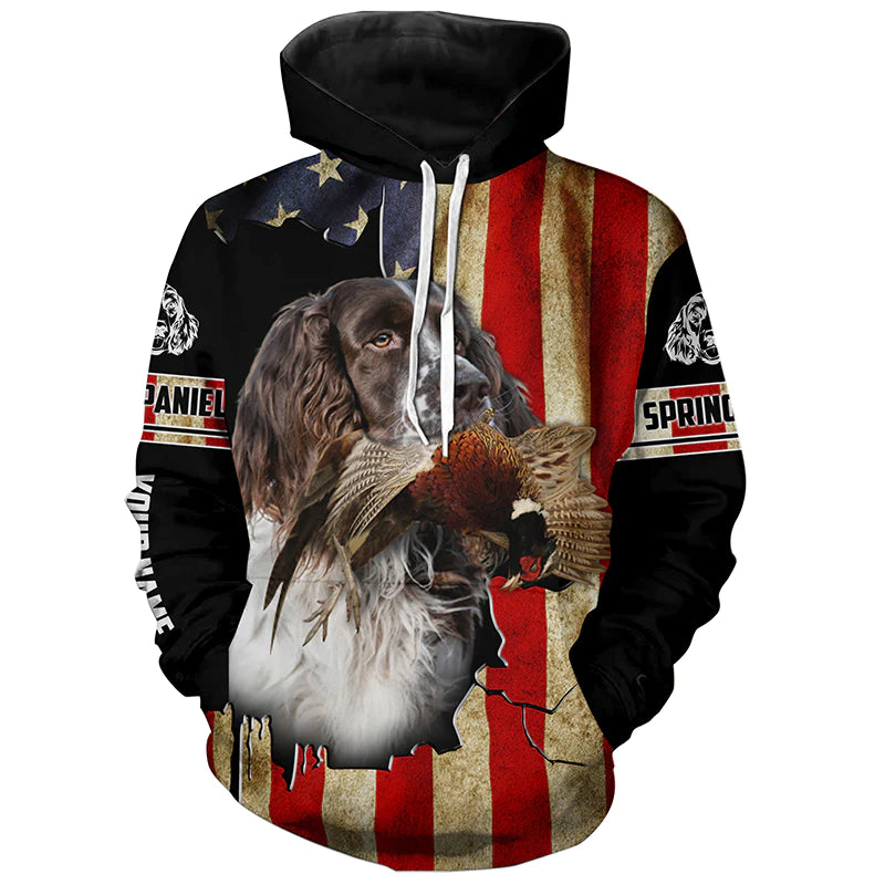 Springer Spaniel bird Dog Pheasant hunting American flag Customized Name Shirts, Hoodie FSD3806