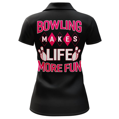 Custom Bowling Shirt for Women, Black&Pink Ladies Bowling Polo Short Sleeve, Bowling Girls Jersey NBP163