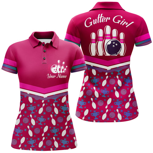 Polo Bowling Shirt for Women, Gutter Girl Pink Personalized Bowlers Jersey Short Sleeve NBP138