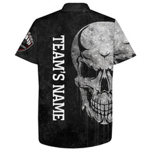 Load image into Gallery viewer, Men Women Skull Hawaiian Bowling Shirt, Patriotic Custom Name Black Bowlers Jersey American Flag NBH93