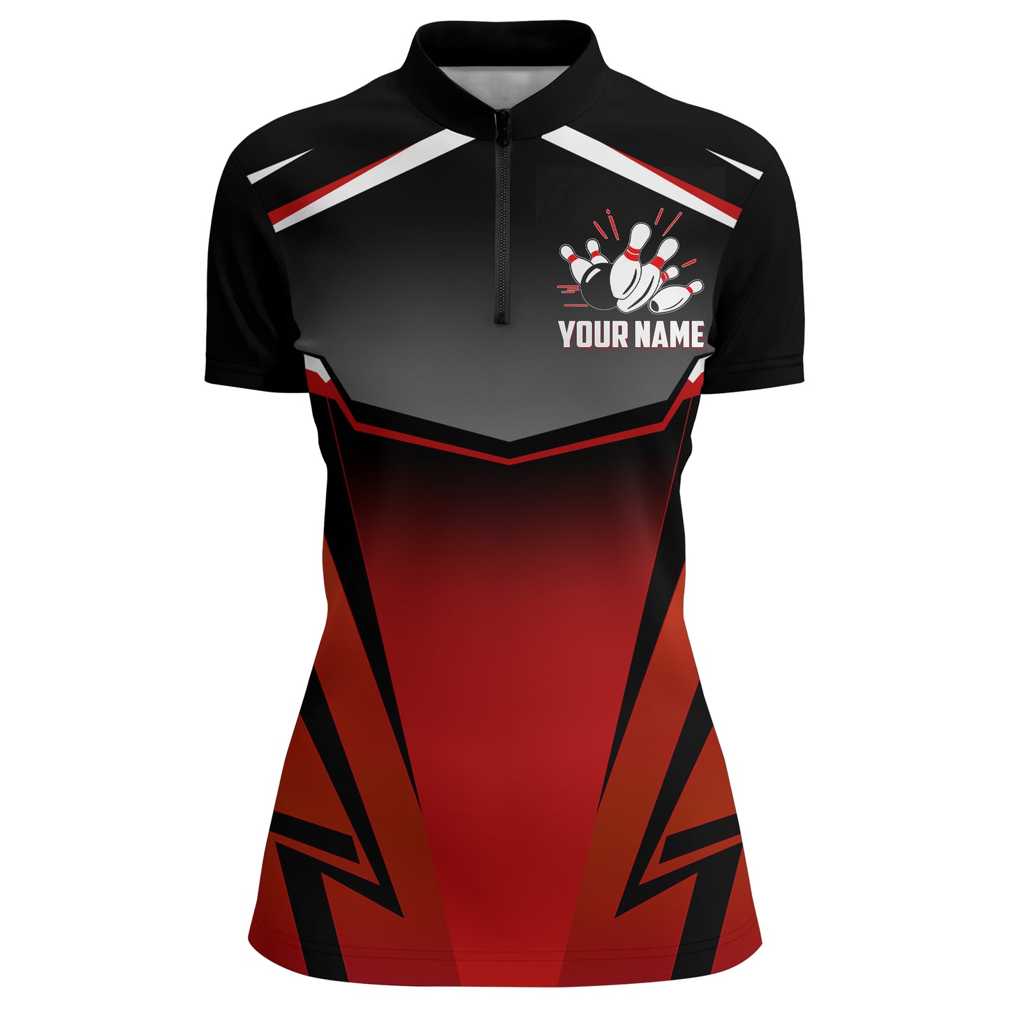 Custom Bowling Shirt for Women, Kingpins Red Quarter-Zip Bowling Shirt with Name Ladies Bowl Jersey NBZ180