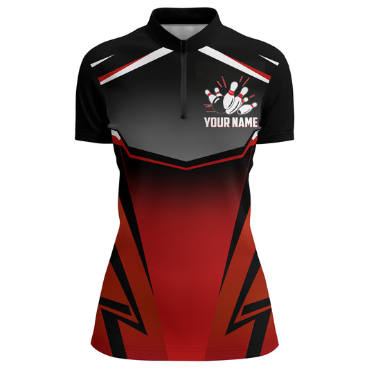 Custom Bowling Shirt for Women, Kingpins Red Quarter-Zip Bowling Shirt with Name Ladies Bowl Jersey NBZ180