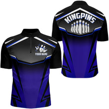 Load image into Gallery viewer, Custom Bowling Shirt for Men, Kingpins Blue Quarter-Zip Bowling Shirt with Name, Men Bowlers Jersey NBZ181