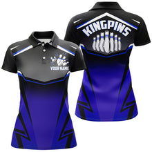 Load image into Gallery viewer, Custom Bowling Shirt for Women Kingpins Blue Polo Bowling Shirt with Name, Ladies Bowling Jersey NBP181