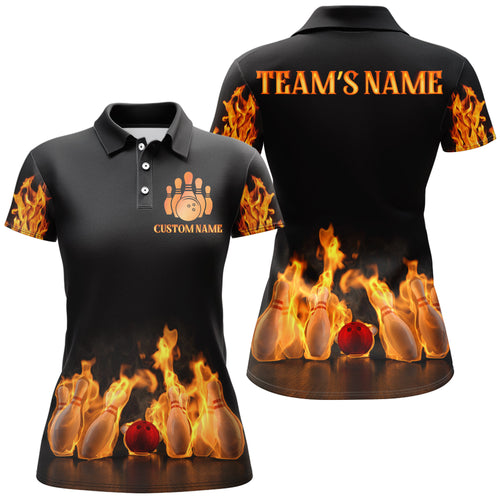 Custom Fire Bowling Shirt for Women Flame Bowling Jersey with Name League Bowling Ladies Polo Shirt NBP174