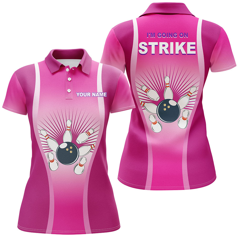 Personalized Polo Bowling Shirt for Women Pink Strike Ladies Bowlers Custom Short Sleeves Jersey NBP105