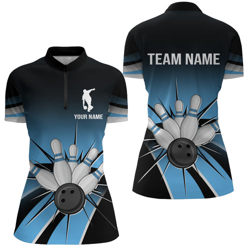 Black&Blue Bowling Quarter-Zip Shirt Vintage Custom Bowling Jersey Women Bowling Team League Shirt BDT121