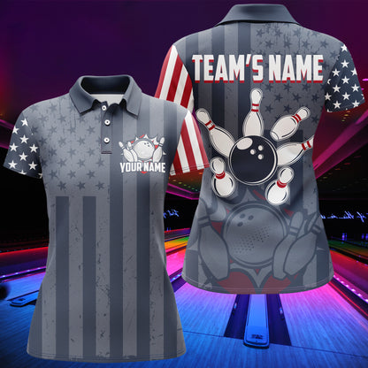 Custom Bowling Shirt Women American Flag Bowling Polo Shirt for Team Patriotic Navy Bowling Jersey BDT20