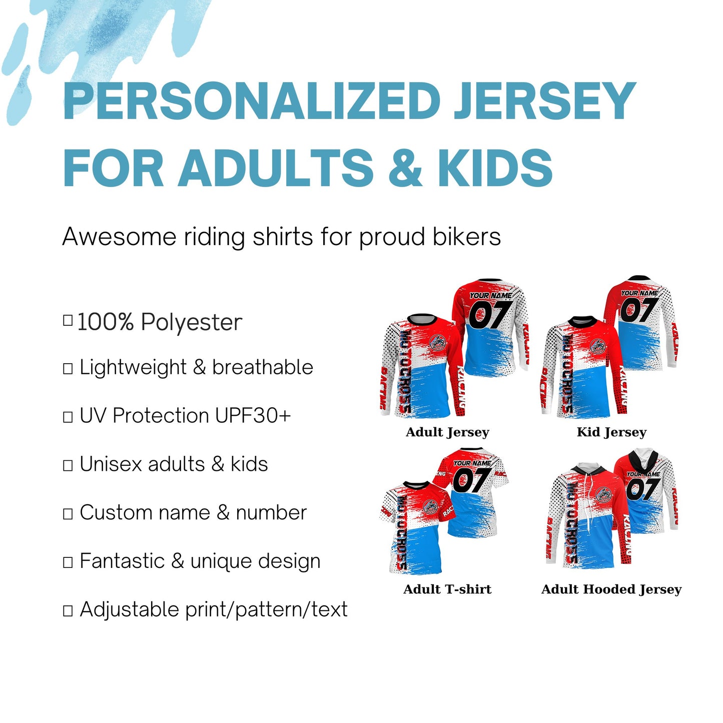 Custom Motocross UPF30+ jersey extreme men women kid red MotoX youth biker racing off-road shirt PDT71