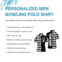 Load image into Gallery viewer, Personalized Men Polo Bowling Shirt Black &amp; White Argyle Bowlers Custom Team Short Sleeves Jersey NBP17