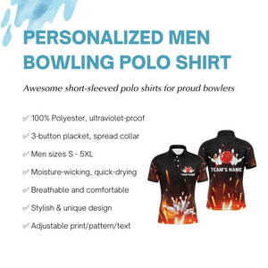 Personalized Men Polo Bowling Shirt Flame Bowling Ball and Pins Short Sleeve Polo for Men Bowlers NBP06