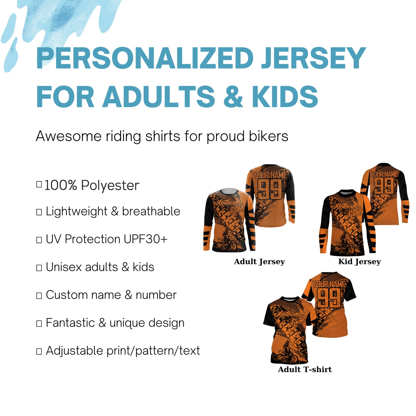 Kids Men custom orange dirt bike jersey Motocross MX racing UPF30+ motorcycle off-road shirt  PDT158