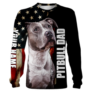 Pitbull Dad American Flag Hoodie Long Sleeve| Custom Name Pitbull Shirt for Pitbull Dad Pitbull Lover| JTSD283