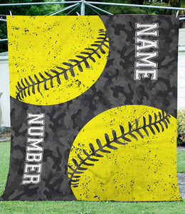 Personalized name and number softball camo fleece blanket