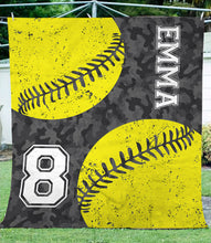Load image into Gallery viewer, Personalized name and number softball camo fleece blanket