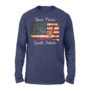 Pheasant hunting shirt South Dakota American Flag bird hunter custom name Long sleeve - FSD1162