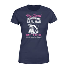 Load image into Gallery viewer, Beautiful thoughtful gift Women&#39;s T-shirt for your fisherwomen - &quot;My heart belongs to a real man who can bait a hook&quot; - SPH42
