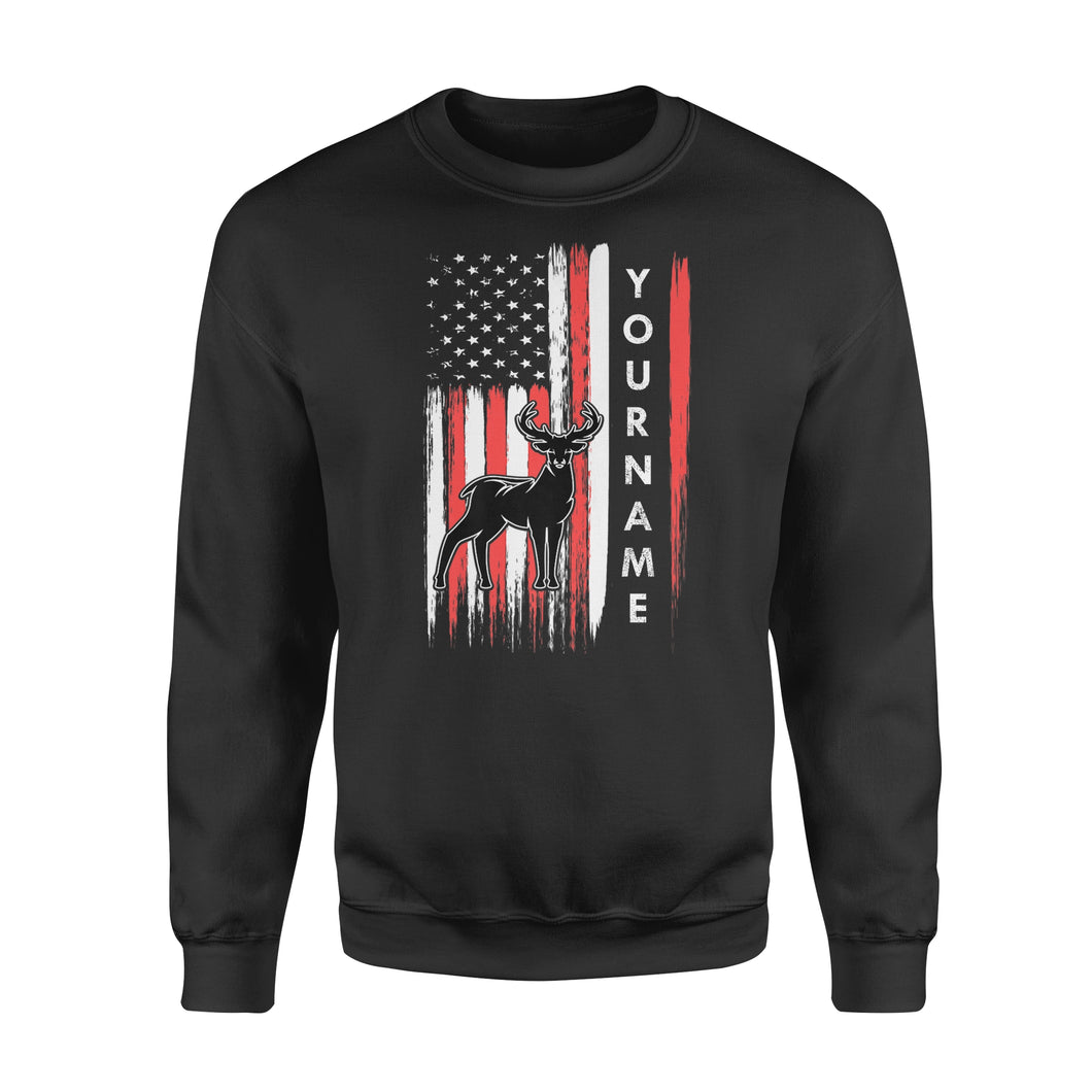 American flag deer hunting custom name shirt, personalized deer hunting apparel Crew Neck Sweatshirt- NQS1206