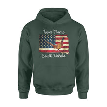 Load image into Gallery viewer, Pheasant hunting shirt South Dakota American Flag bird hunter custom name Hoodie - FSD1162